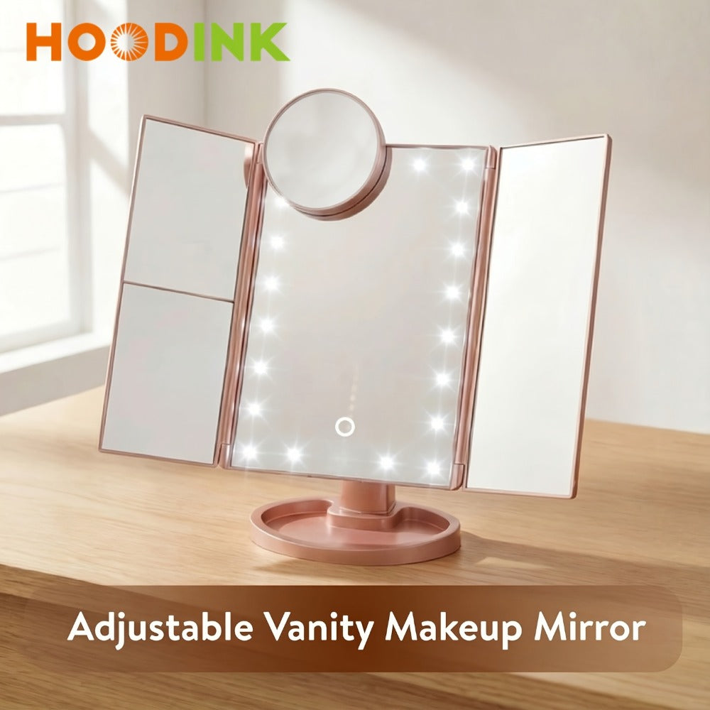 Makeup Mirror, Tri-Fold Lighted Adjustable Vanity Makeup Mirror with 21 LED Lights, Touch Screen And 3X/2X/1X Magnification (Free 10X Mini Mirror Included), Two Power Supply Modes, 360° Rotation, Ideal Gift Option (Rose Golden/White/Black)