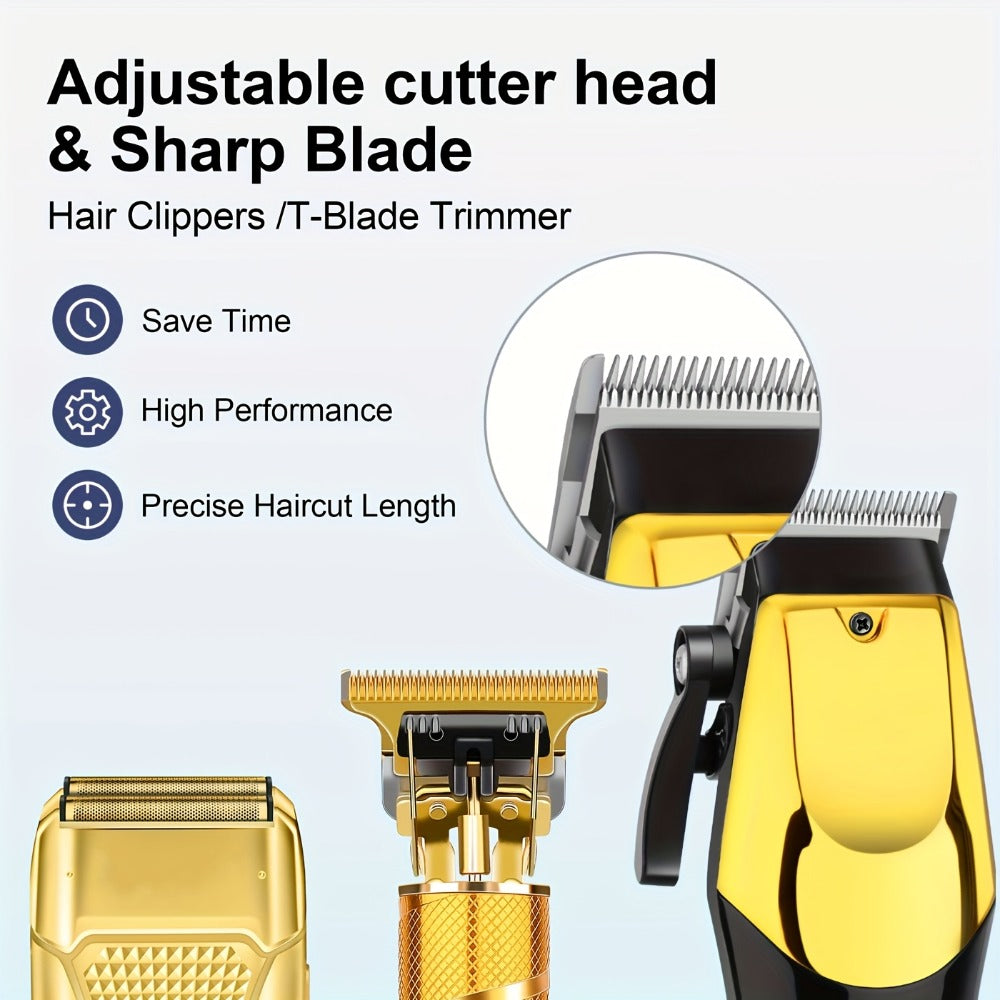 Golden Hair Cutting 1/3pcs Set, Men'S Grooming Kit. USB Rechargeable, LCD Display. Includes 1 Black And Golden Professional Hair Clipper + 1 Golden Men'S Razor + 1 Golden T-Blade Trimmer + 8 Guide Combs + 3 Cleaning Brushes + 1 Comb