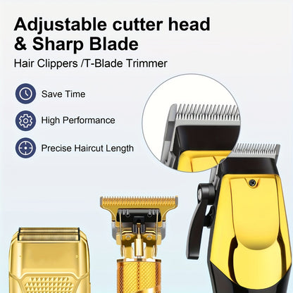 Men's Grooming Kit Hair Clipper Set USB Rechargeable LCD Display - Professional Hair Clipper Razor T-Blade Trimmer 8 Guide Combs Apron Gold & Black Complete Barber Kit