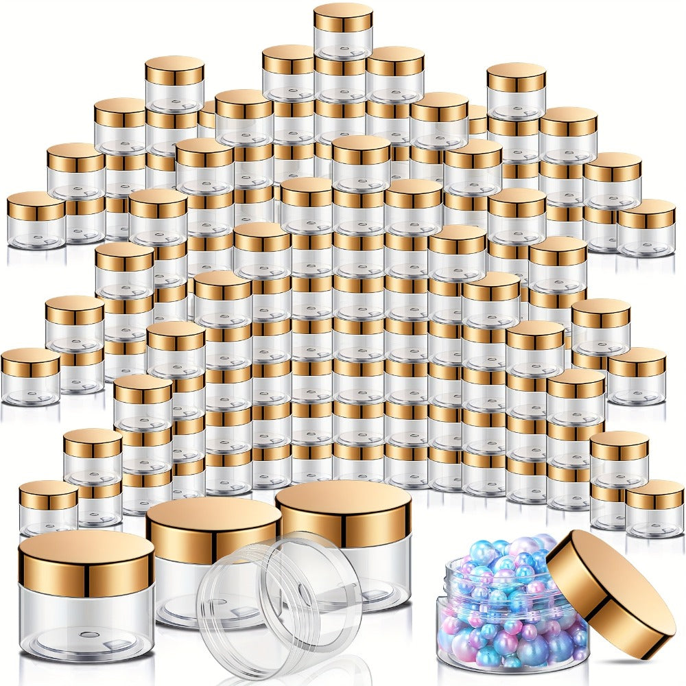 100pcs Plastic Jars with Lids Small Containers Lids Wide Mouth Small Plastic Containers for Lotion Cream Rhinestones Body Butters Travel Storage(2oz, Clear with Golden Lid)