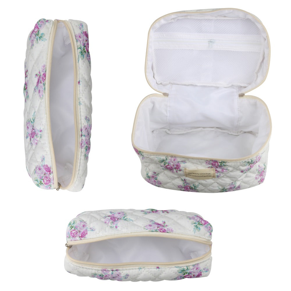 Large Capacity Dual Layer Cotton Makeup Cosmetic Bag (3PCS), Cute Quilted Travel Coquette Aesthetic Floral Make up Bag for Women Toiletry Bag (Blue Rose)