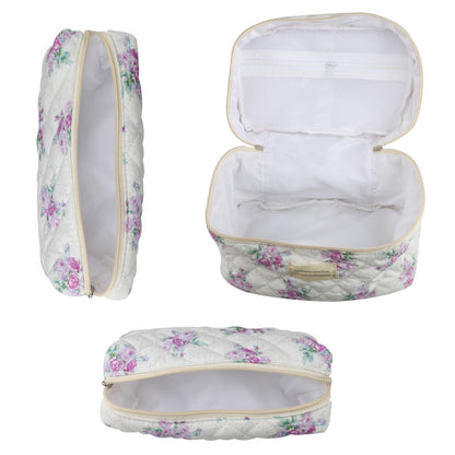 Quilted Floral Makeup Bag Set 3PCS Large Capacity Dual Layer Cotton Cosmetic Bag Coquette Aesthetic Travel Toiletry Bag for Women Girls Blue Rose Pink Floral