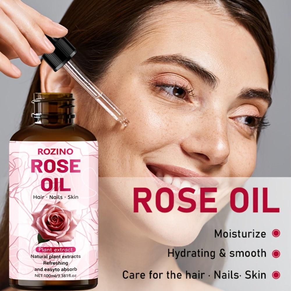 3.38oz Rose Oil: Premium Rose Scent. for Massage, Shower, Skincare, Face, Body, Nails, Hair, Lashes. Unisex.