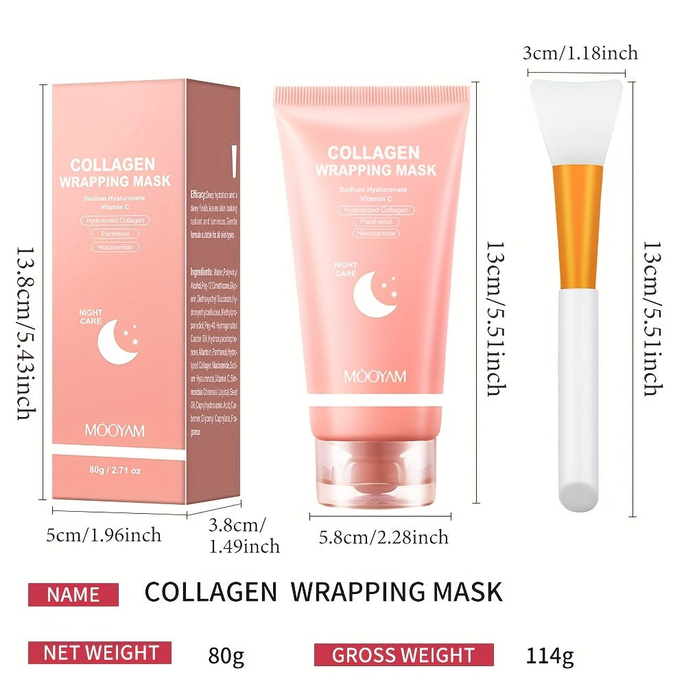 2pcs/3pcs Collagen Night Mask with Brush - Elasticity and Moisturizing Care, Contains Hydrolyzed Collagen, Niacinamide, Sodium Hyaluronate and Vitamin C - Korean Skincare Product Formulas, 2. 71oz