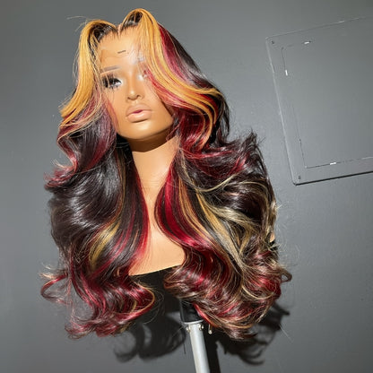Lace Front Wig 13x4 HD Body Wave 28 Inch 180% Density Highlight Color Glueless Pre-Plucked Natural Hairline Transparent Lace Wig for Women All Skin Tones