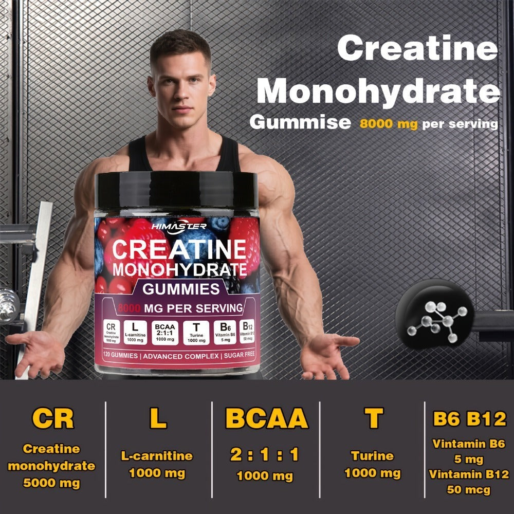 [Yeah Buddy] 8000mg Creatine Monohydrate Blueberry Gummies | with L-Taurine, with BCAA, Vitamin B6 & B12, for Men & Women, 120 Count