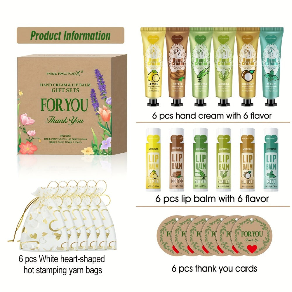 [Ideal Gift] 24pcs MISS FACTORX Hand Cream And Lip Balm Gift Set Moisturizing, Hydrating Formula with Glycerin And Hyaluronic Acid - Includes Thank You Cards And Heart-Shaped Gift Bags - Ideal for Women, Bridal Showers, And Corporate Team Building