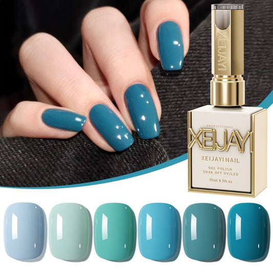XEIJAYI 6-Color Peacock Blue & Sapphire Blue Nail Gel Set - High Saturation Salon & Gel Polish, Smooth & Durable Long-Lasting Formula, Alcohol-Free, 6 Shades (Light Blue to Navy) for Manicures/Pedicures, Christmas Gift for Women