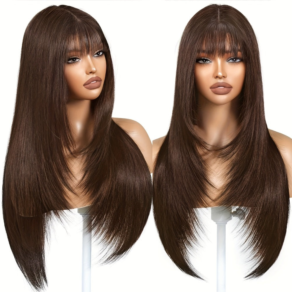 Lace Front Wig with Curtain Bangs Glueless Long Straight Synthetic Wig 26 Inch Pre-Bleached Lace Realistic Scalp Natural Hairline Multi-Color Women Daily Wear