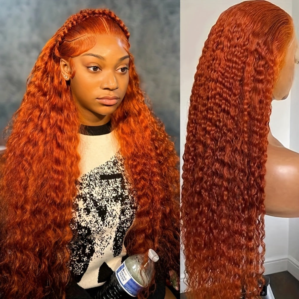 13x4 Deep Wave Orange Ginger Lace Front Wig Orange Glueless Lace Frontal Wig Ginger Orange Curly Lace Frontal Wig Curly Orange Colorful Wig for Women for Christmas Halloween 26 Inch