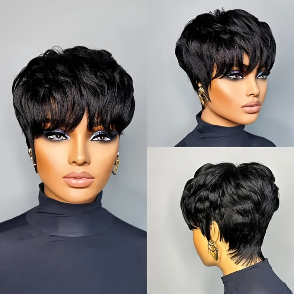 Women'S Pixie Cut Wig with Bangs, Human Hair, Straight, Non-Lace, Rose Net Cap, 180% Density, Machine Made, Glueless, Suitable for African Women - Basic Style