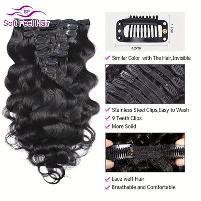 Clip In Human Hair Extensions Body Wave 8pcs 120g Full Head Real Human Hair Clip Ins Women Natural Black 1B Straight 12-26 Inch Thick Voluminous Seamless Blend