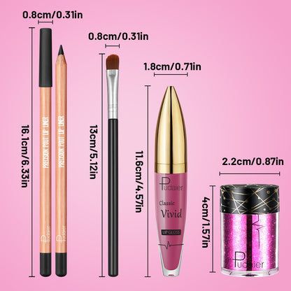 Glitter Lip Makeup Set - Sparkling Lip Glitter Kit with Lip Liner Lip Gloss Chunky Glitter & Lip Brush - Metallic Lip Combo for Party Festival Rave Makeup Gift for Women