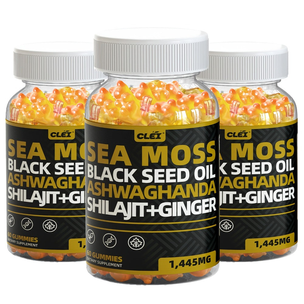 Sea Moss, Black Seed Oil, Ashwagandha, Ginger, Shila Gummies with Elderberry, Chlorophyll, Turmeric, Bladderwrack 1445mg, 60 Gummies | 1/2/3 Bottle