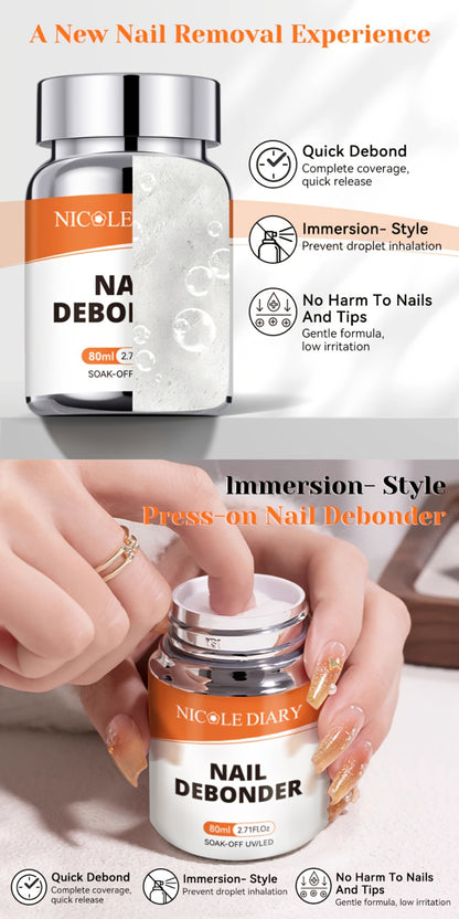 Nail Debonder Remover 80ml Fast 3-5 Seconds Soak-Off Liquid for Press On Nails False Nail Tips Rhinestone Glue Remover Tool Easy Nail Glue Dissolve No Damage Nail Care