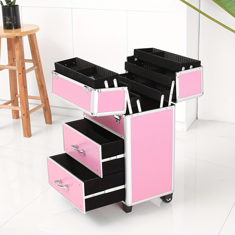 4 Tier Lockable Cosmetic Makeup Train Case with Extendable Trays for Lab Pink