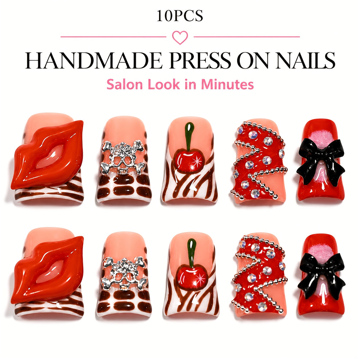 10pcs Handmade Duckbill Acrylic Press On Nails With Shiny Crystals, Bows, And Cherry Accents, Features Red And Pink French Tip Style, Suitable For Women And, Party And Daily Wear, Including Tools, An Ideal Gift. Spring Nails
