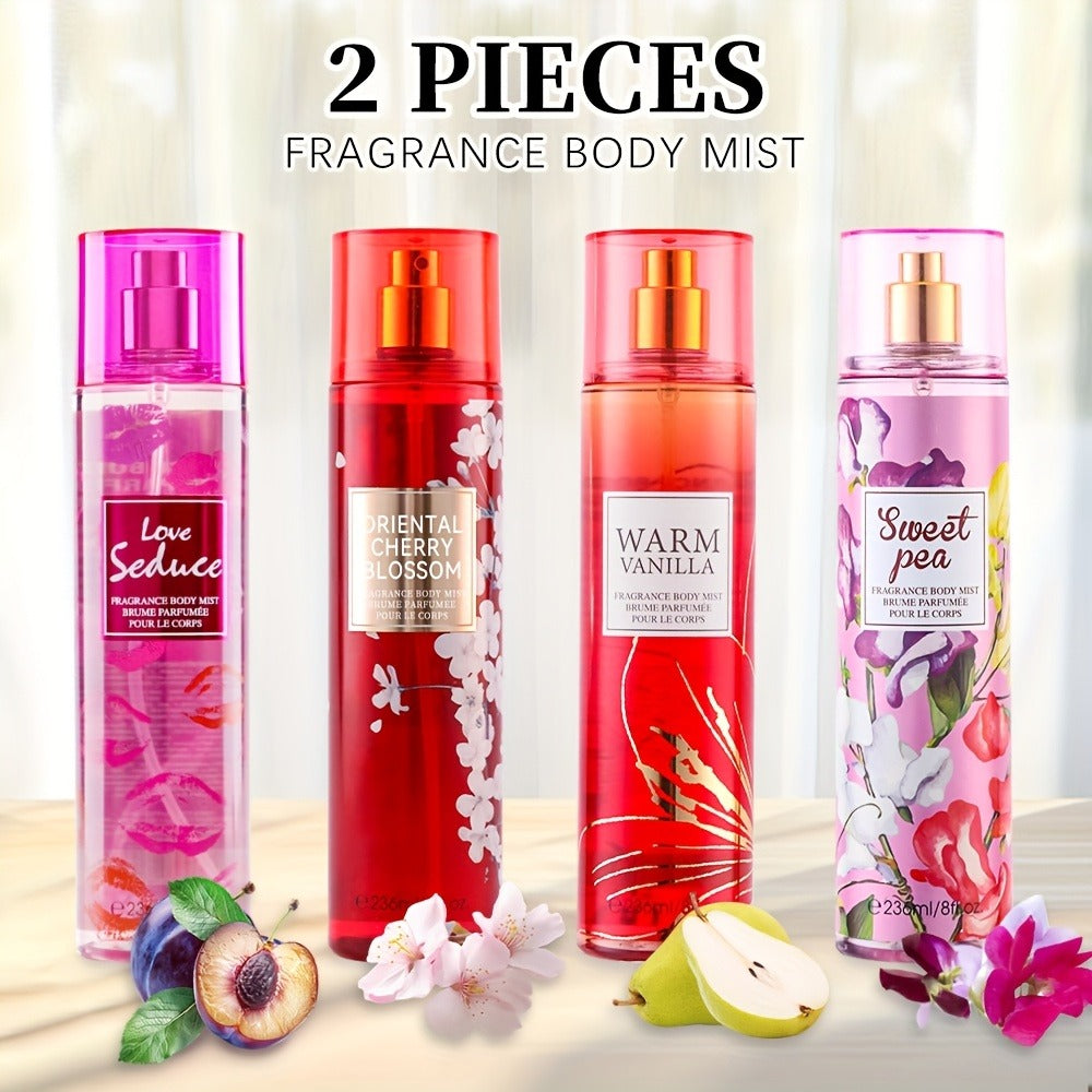 Body & Hair Fragrance Mist for Women 2PCS Set - Long Lasting Perfume Spray 8 fl oz, Fruity Floral Scents Peach Pear Cherry Blossom, Dual Use Body and Hair Spray Gift for Her