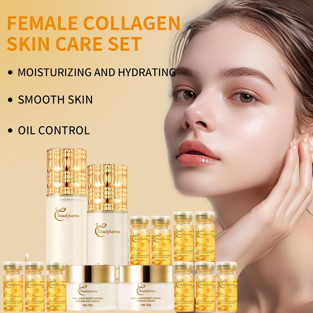 A Luxurious 14-Item Collagen Skincare Collection for Women, Designed to Hydrate And Firm The Skin with Sodium Hyaluronate And Niacinamide. It Offers Deep Moisture And Brightening Effects, And Comes in a Perfect Gift Box That Includes a Face Toner