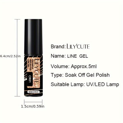 Glitter Liner Nail Art Gel 5ml - Super Reflective Glitter Eyeliner Gel Polish with Ultra Fine Brush Tip for Stripe Line & Detail Nail Art - Long Lasting UV LED Nail Art Drawing Gel