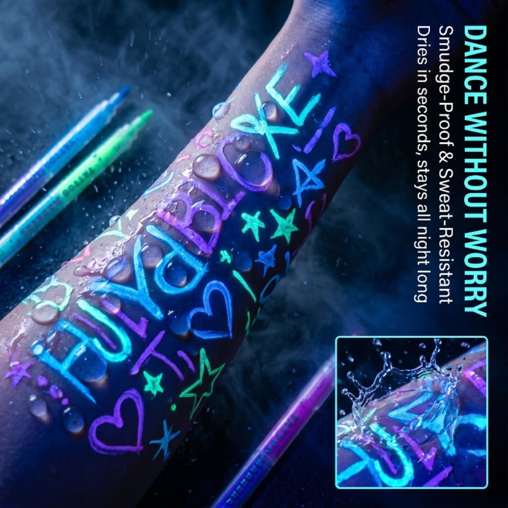 18-Color Face And Body Painting Pens And Reusable Stencil Set - Washable Doodle Makeup Pens, Erasable Glow Pens, This Neon Face Painting Pen for Parties, Commercial Events, Magic Shows, And Special Performances, Glow-In-The-Dark Body Painting