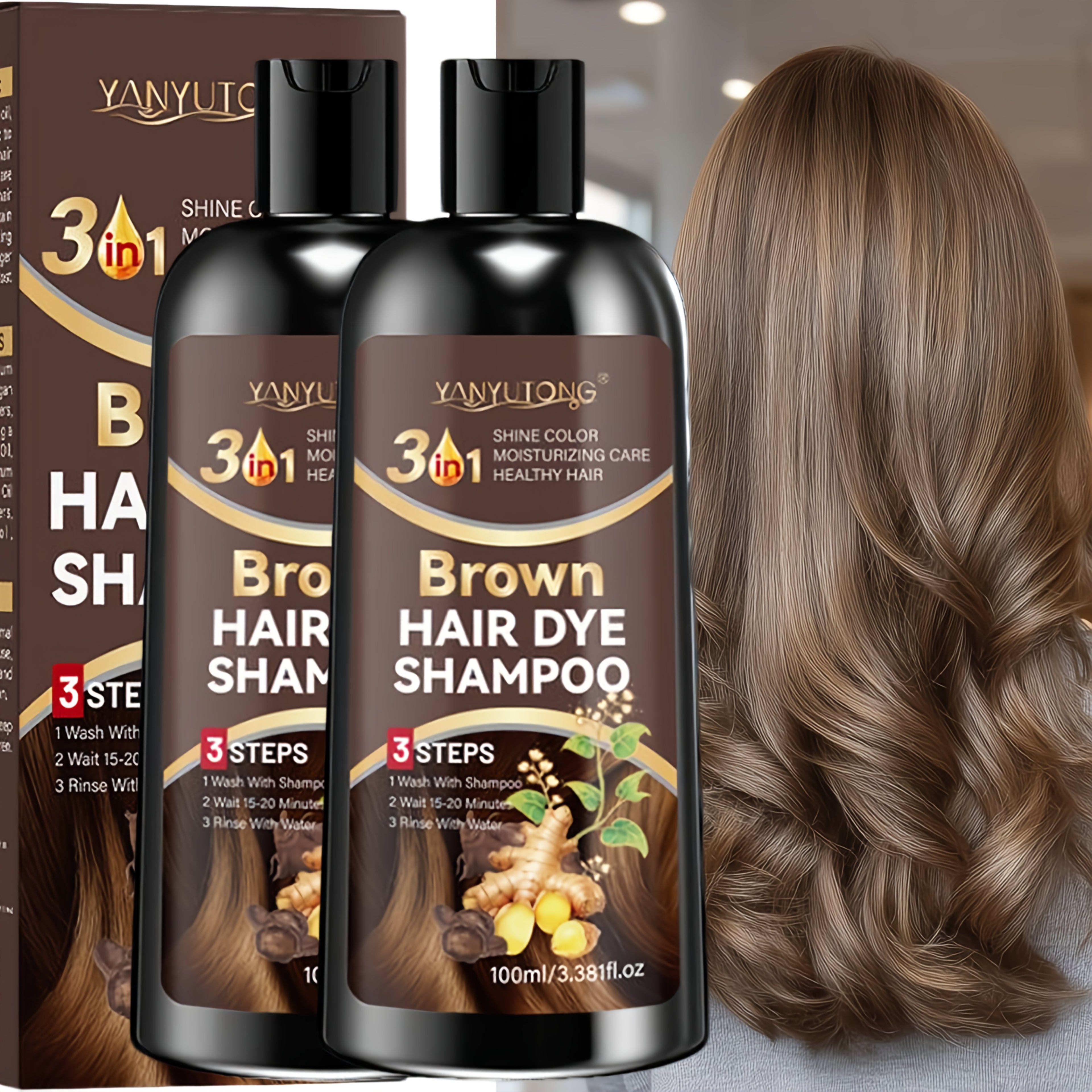 Set of Two, 3.38oz Brown Hair Dye Shampoo Enriched with Plant Extracts, Featuring Polygonum Multiflorum And Ginger Extracts, Provides Deep Moisture, Tames Frizz, Quickly Conceals Gray Hair, Gentle on Hair, Offers Long-Lasting Color