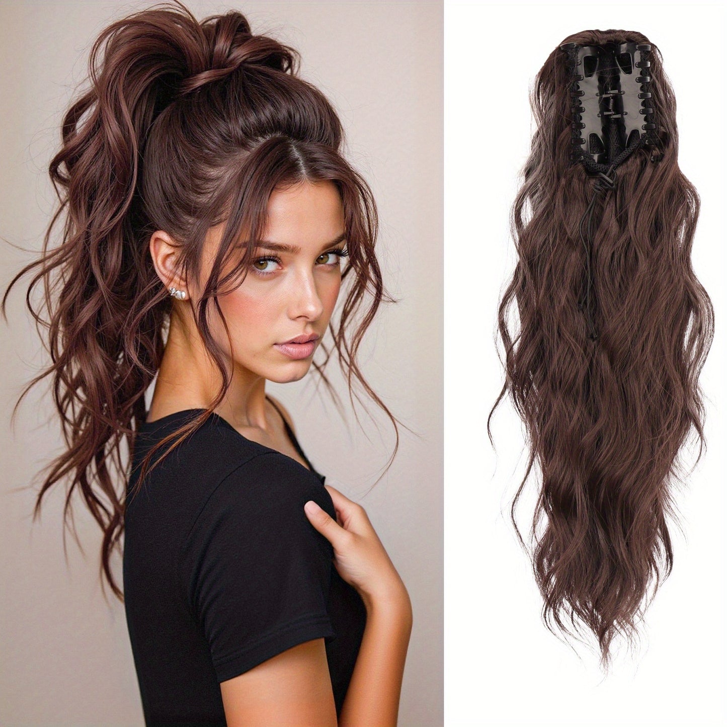 Curly Water Wave Ponytail Extension 16 Inch - Heat Resistant Synthetic Clip In Hairpiece Voluminous Claw Clip Ponytail for Women Daily Wear Festive Occasions Black Burgundy Brown Golden