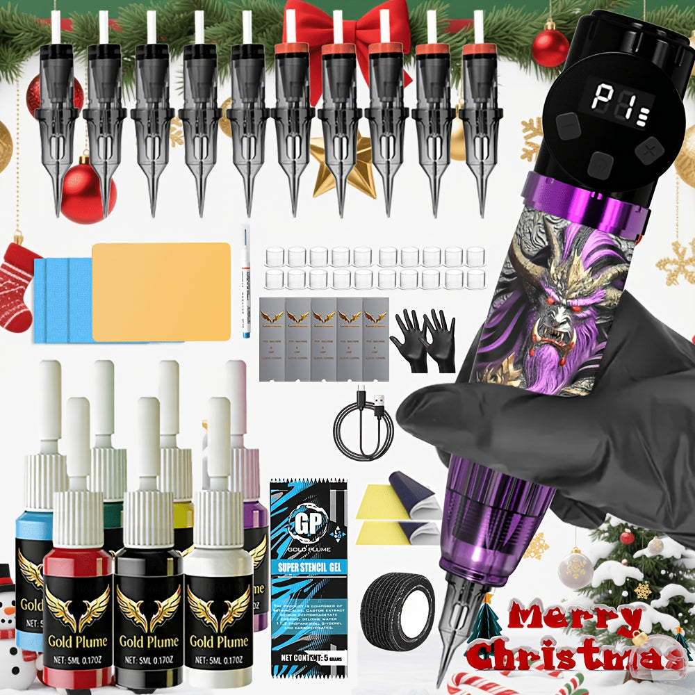 GOLDPLUME Tattoo Kit/50pcs Tattoo Needles Sold Separately, Tattoo Gun Kit Complete Set, Cordless Tattoo Gun with 1500Mah Power Supply, 10 Tattoo Needles, 7 Bottles of Tattoo Ink And Other Tattoo Supplies, Christmas Gift for Beginners And Masters
