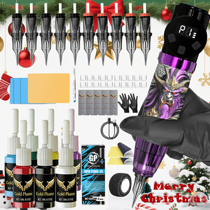 Tattoo Kit Complete Set Cordless Tattoo Gun 1500mAh Power Supply 10 Needles 7 Inks GOLDPLUME Rotary Machine for Beginners & Professionals — 50pcs Needles Available