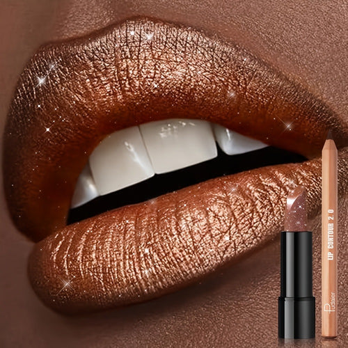 Luxury Golden Lipstick Set with Lip Liner Pencil — Brown Shimmer & Nude Lip Liner, Viral Fall Makeup Kit 2pcs Press Gold Lip Color