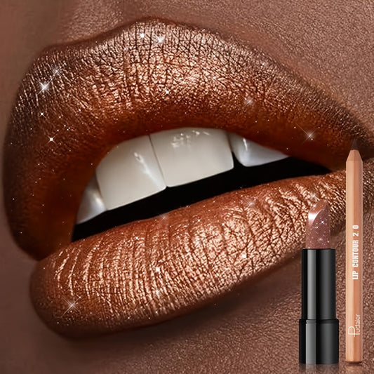 [Viral Fall Makeup] Luxury Press Golden Lipstick Set With Lip Liner | Brown Shimmer And Nude Lip Liner Pencil | Viral Fall Makeup Kit (2pcs)