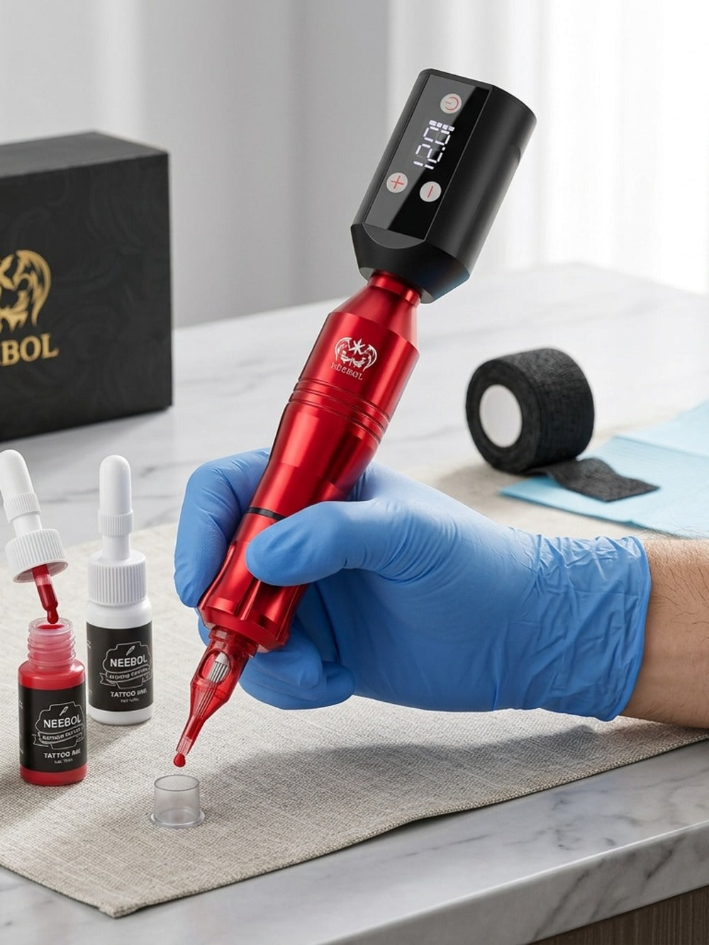 Wireless Tattoo Machine Kit Neebol with Screen Display 6-Hour Battery 10 Red Cartridge Needles 7 Inks Practice Skin Complete Tattoo Pen Gun Set for Beginners Artists Body Art