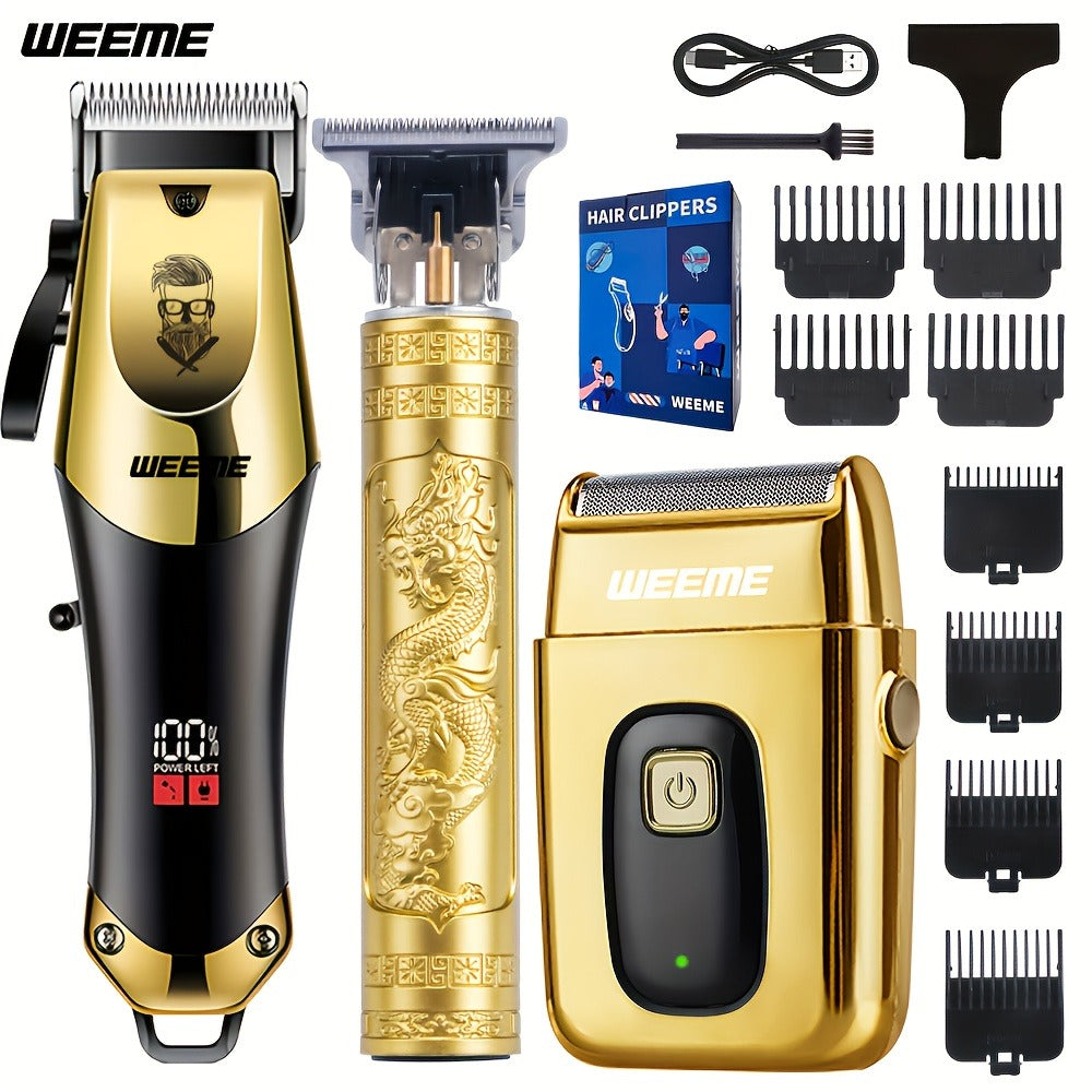 [Valentines Day Gift] WEEME 4pcs 3pcs 2pcs Set Golden Blue Black Silver Hair Clipper for Men - USB Rechargeable Hair Cutting Kit Including Electric Razor, T-Blade Trimmer, 8 Limit Combs, USB Cable, Cleaning Brush and Combs - Valentines Day Gift Items