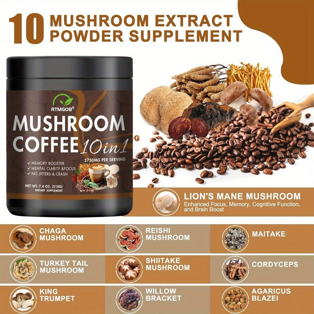 Mushroom Coffee Blend Powder Mushroom Coffee - Instant Coffee Blend of Ganoderma Lucidum, Cordyceps Sinensis, Lion'S Mane Mushroom, Birch Brown Pore Mushroom, And Chanterelle Mushroom - Mushroom Coffee Powder, Ideal for Gift Giving