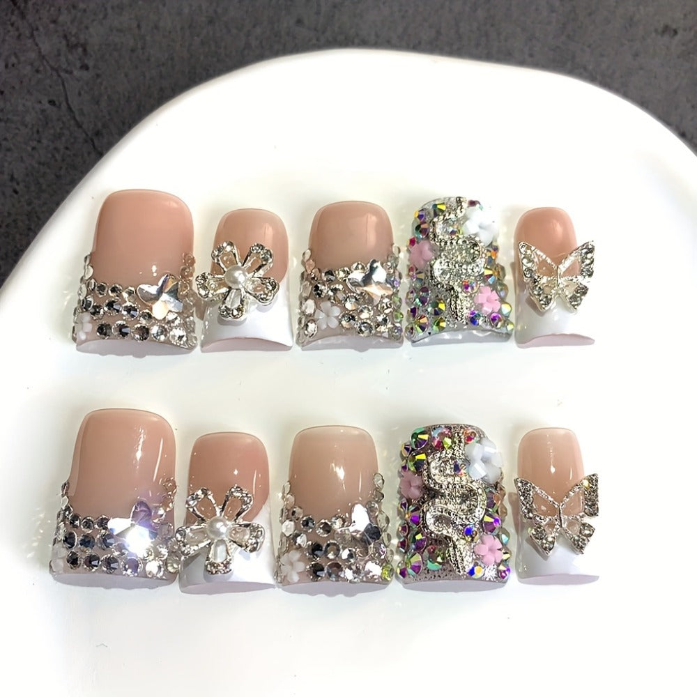 Press On Nails Ugly Cute Duckbill White French Style – Colorful AB Floral Full Cover Handmade Fake Nails | 10pcs Nail Art Set for Daily Use, Parties & Birthday Gifts, S/M/L