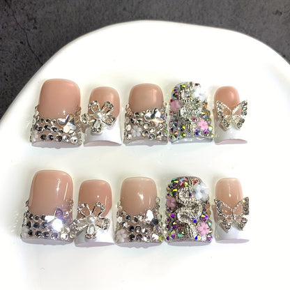 Press On Nails Ugly Cute Duckbill White French Style – Colorful AB Floral Full Cover Handmade Fake Nails | 10pcs Nail Art Set for Daily Use, Parties & Birthday Gifts, S/M/L