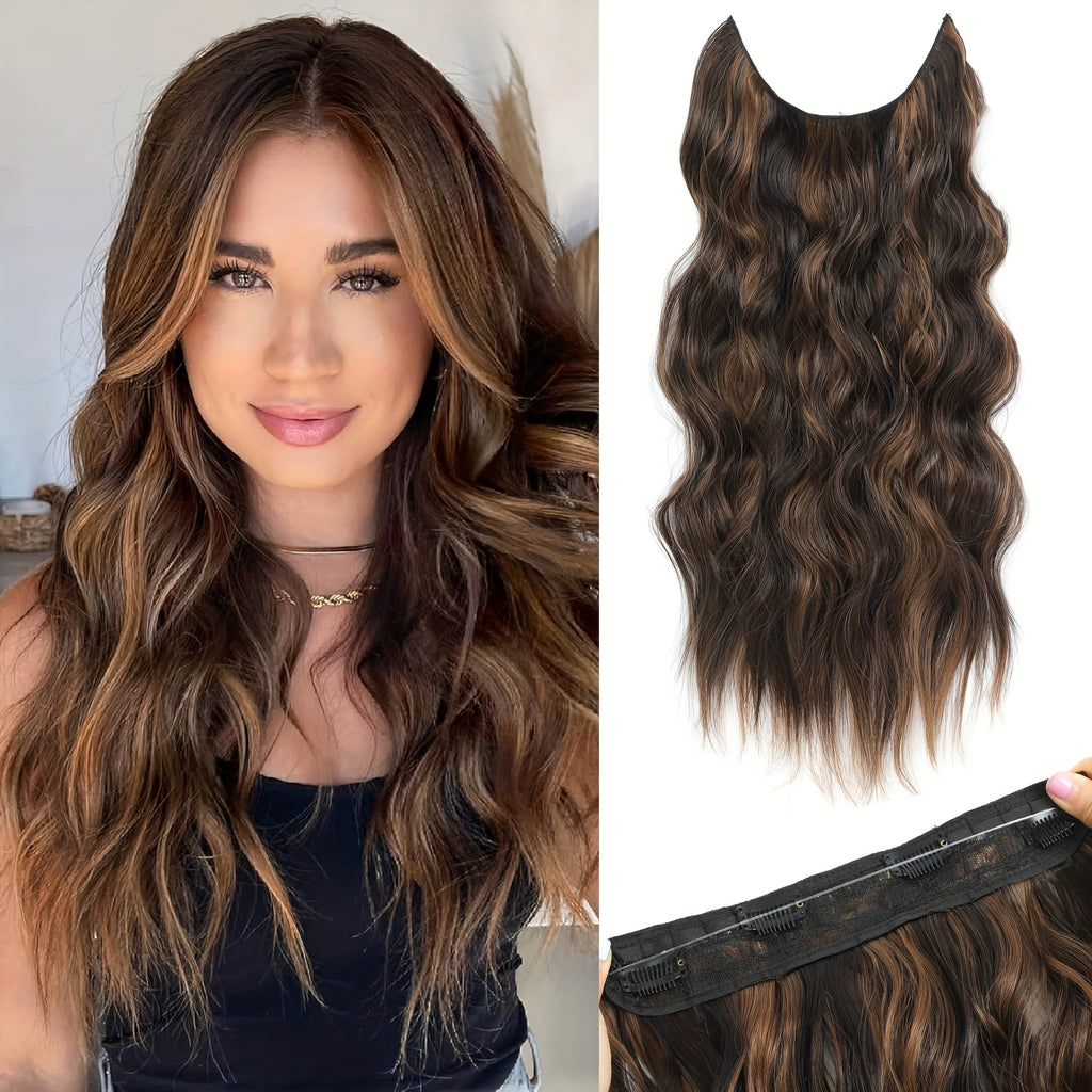 [Invisible Wire Hair Extensions] 22 Inch Invisible Wire Hair Extensions | Fish Line Hair Extensions with Transparent Wire Headband, Adjustable Size, 4 Secure Clips, Long Wavy Hairpiece for Women, Natural Long Wavy Clips Ins Hair Extensions for Thin Hair,