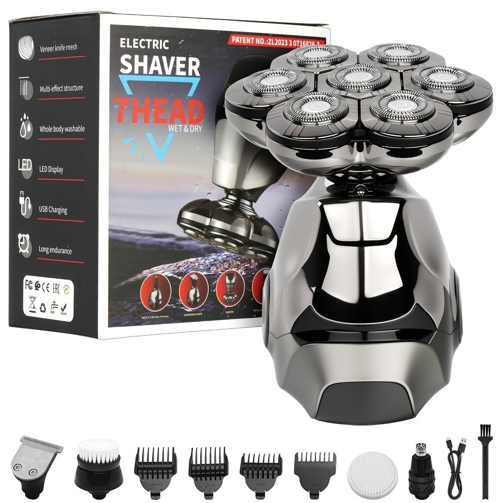 6/7-blade Men'S Shaver. Blade Head Sold Separately. Wet/dry Rotary Shaver With LED Digital Display. IPX5 Rating. Multi-function Electric Head Shaving Kit. Beard And Nose Hair Trimmer, Ideal Holiday Gift.