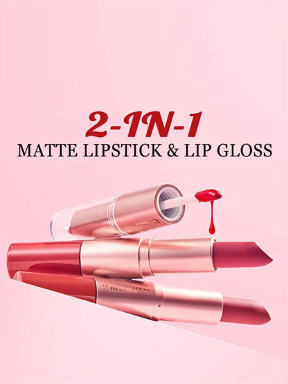 Matte Lipstick Set 4pcs - 2-in-1 Matte Lipstick & Lip Gloss Combo, Long-Lasting Comfortable Wear, Easy to Apply Velvety Lip Color, Perfect Valentine's Day Gift Set for Women