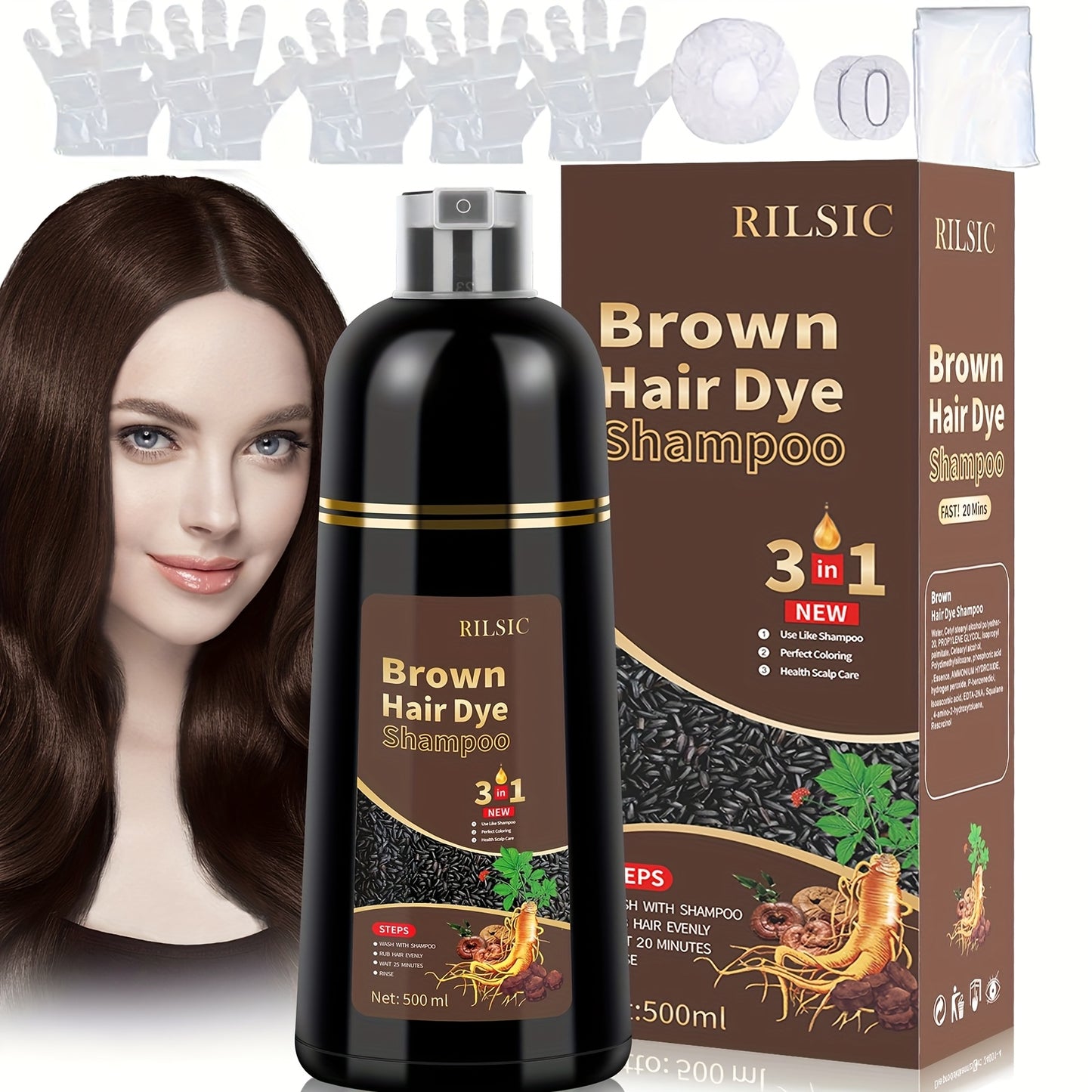 Hair Dye Shampoo 3-in-1 — RILSIC Instant Gray Coverage, Plant Squalene Natural Formula, 100% Grey Hair Color for Women & Men, 16.91oz