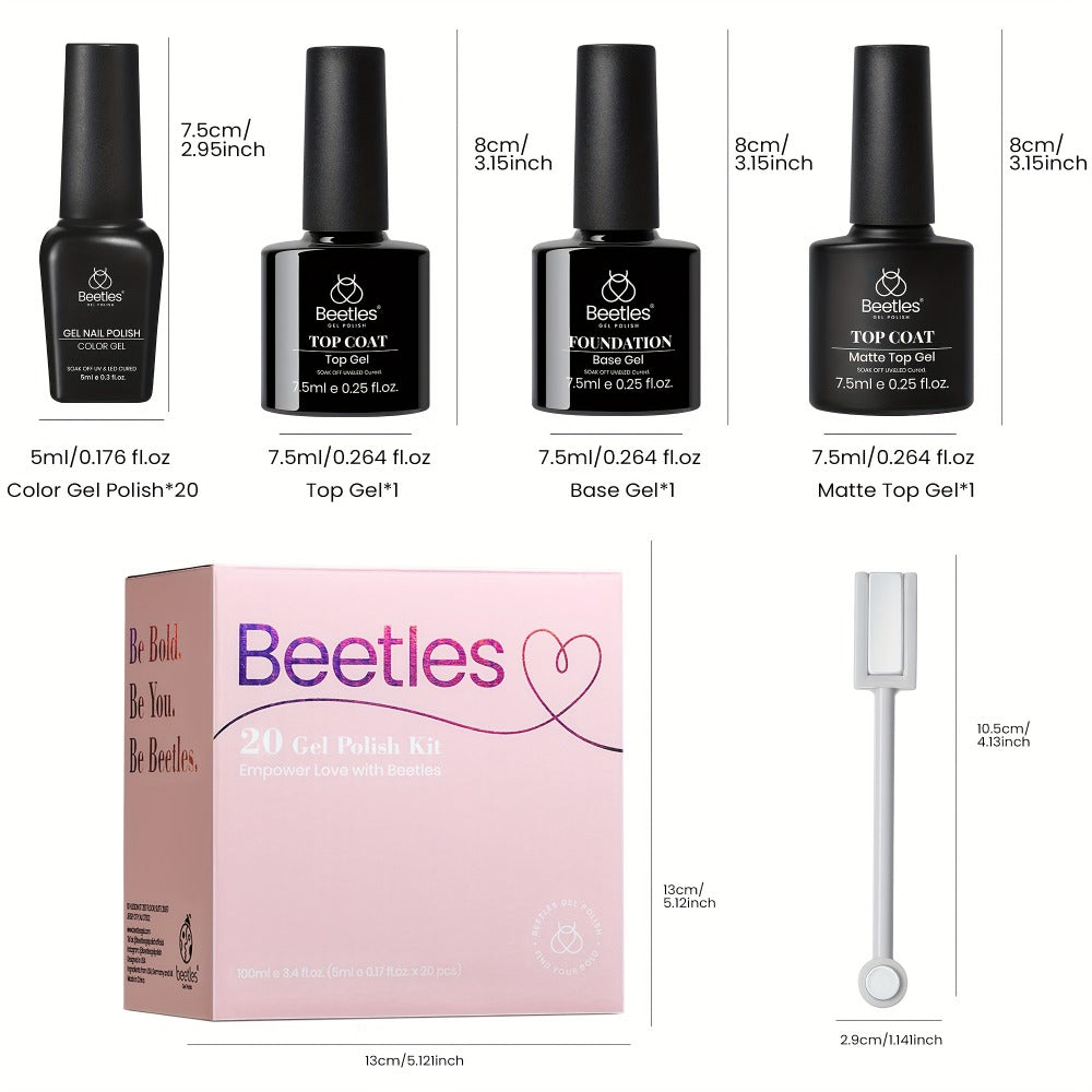 Beetles 24pcs Gel Nail Polish Kits Gift Set, 20 Colors Cat Eye Color Changing Glitter Gel Polish Set with Base Gel Glossy Matte Top Coat, Soak Off Nail Gel Holiday DIY Nail Art Salon