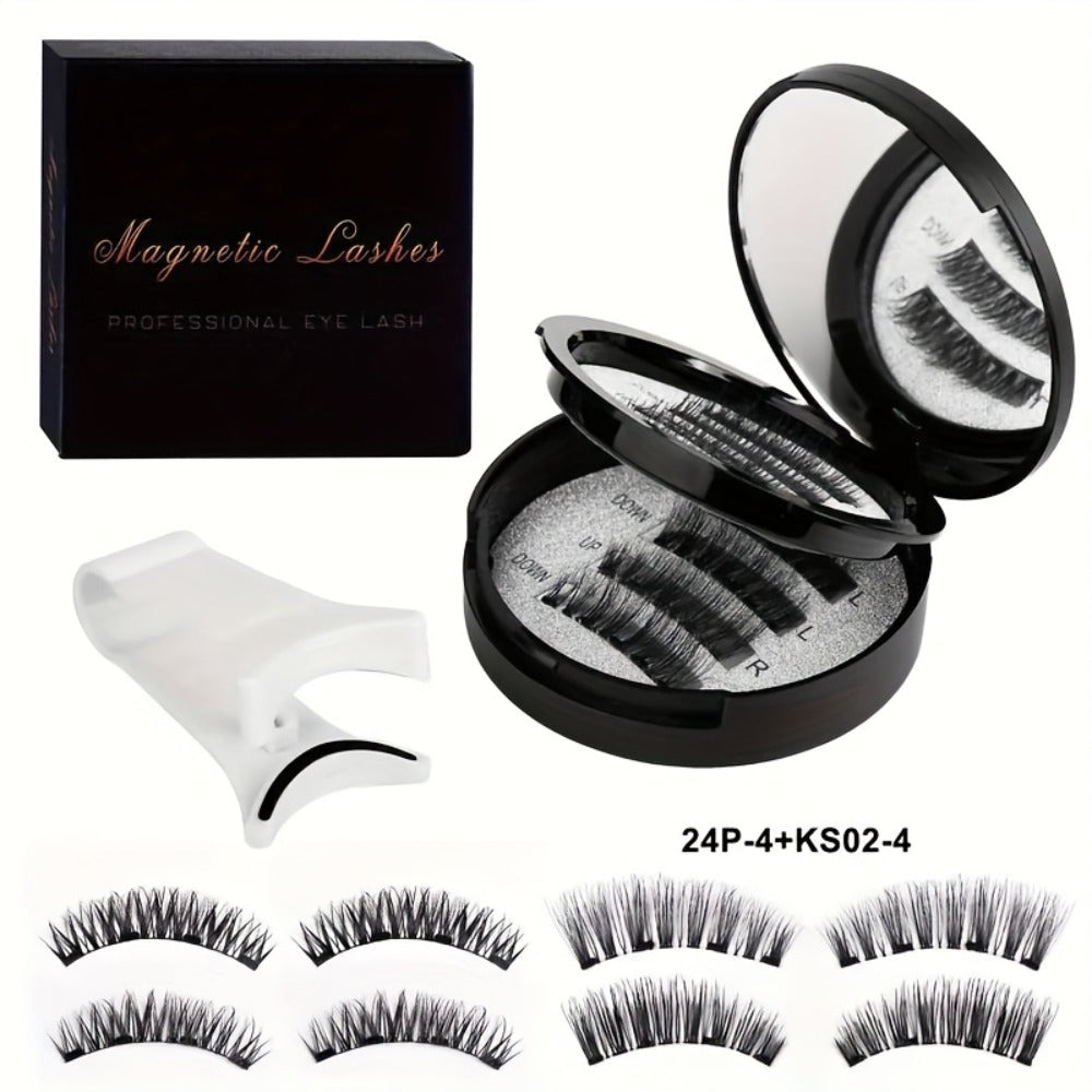 8pcs Natural Glue-3D False Eyelashes(One Box)- Reusable Double Magnetic False Eyelashes Set with Clips, Reusable, Waterproof, Glue, Easy to Wear, Women