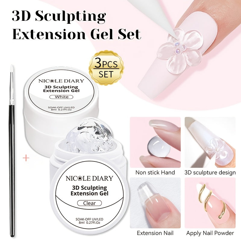 3D Sculpting Nail Gel with Carving Pen — Clear White Extension Builder Gel for 3D Floral Nail Art, DIY Acrylic Nail Extensions, Salon & Home Manicure (2pcs/3pcs Set)