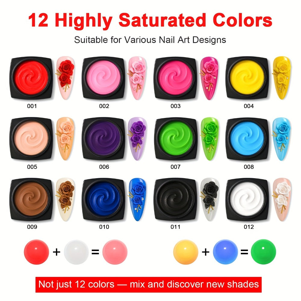 3D 4D Sculpture Gel Nail Art Kit 12 Colors with Carving Pen — Non-Sticky Soak-Off Nail Sculpting Gel Firm Texture for 3D Nail Designs Flowers Leaves Extensions DIY & Salon Manicure