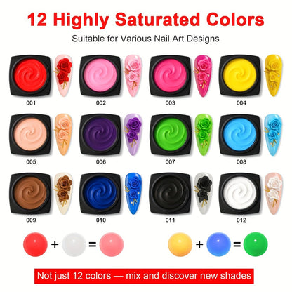 Nail Sculpting Gel Kit 3D 4D 12 Colors with Carving Pen — Firm Non-Sticky Soak-Off Sculpture Gel for Flowers, Leaves, Geometric Designs & Nail Extensions | UV LED DIY & Salon Nail Art for Women