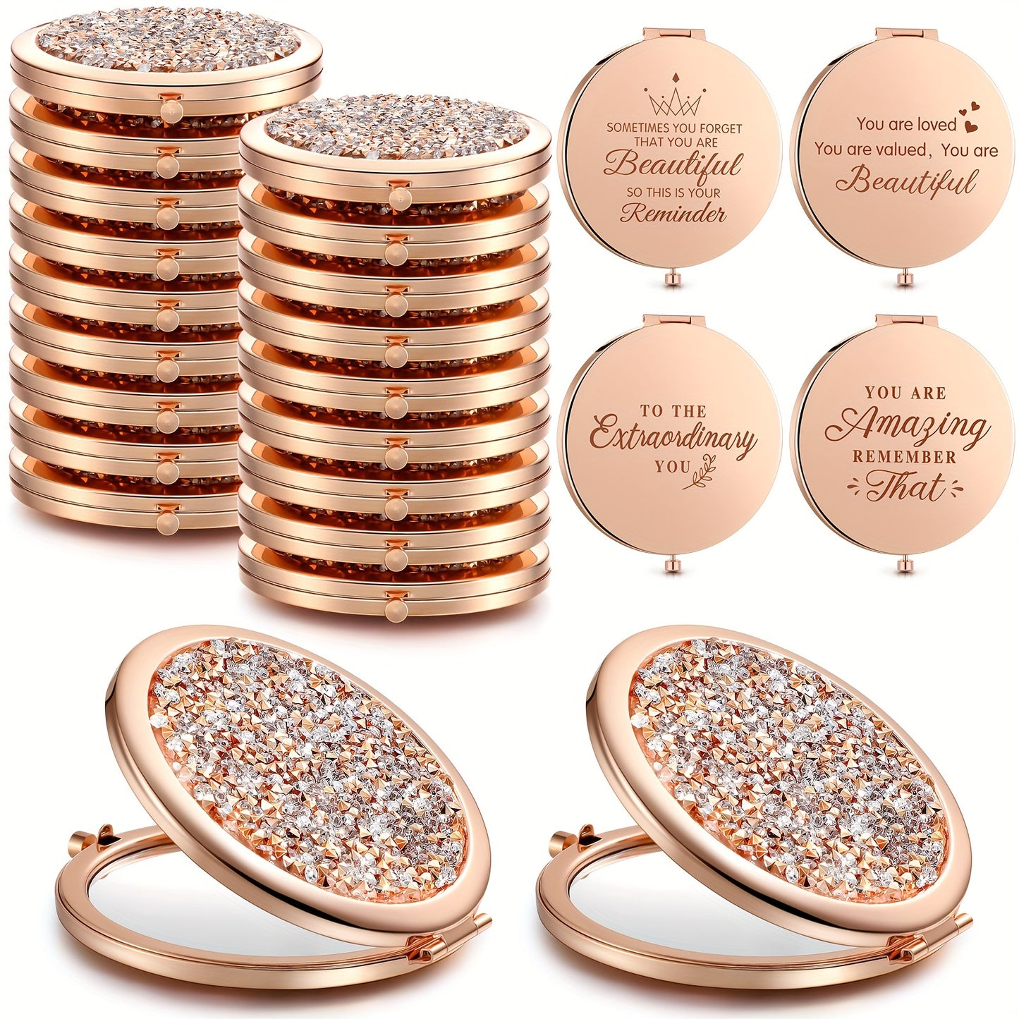 Pocket Mirror Bulk 16 Pieces - Rhinestone Inspirational Compact Mirror for Purse, Bridesmaid Gift, Party Favor, Travel Magnifying Mirror for Women Girls, Wedding Nurse Thank You Gift