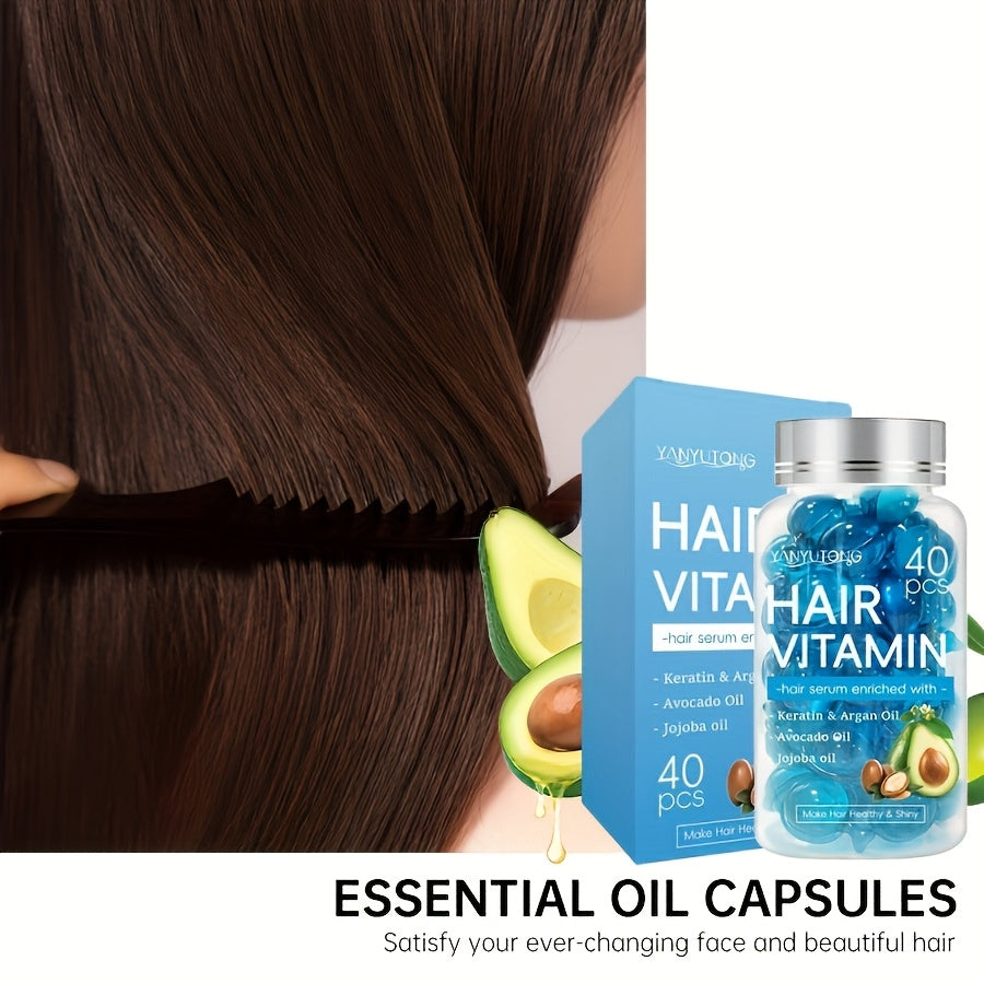 40 Capsules of Keratin Hair Vitamin Essence - Enriched with Moroccan Argan Oil, Avocado Oil, And Jojoba Oil, These Hair Essence Oil Capsules Keep Your Hair Nourished And Moisturized, Creating Smooth Hair Suitable for All Hair Types