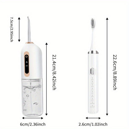 Electric Toothbrush & Water Flosser Set - 3 Modes USB Rechargeable Oral Care Kit with 4 Brush Heads & 4 Nozzles, 360° Rotating Flosser for Deep Clean