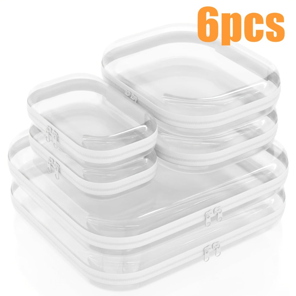 6pcs Double Zippered Hard Pouch, Transparent Storage Bag, Includes 3 Different Sizes.Storage, Hard Plastic, Pencil Case, Hard Plastic Clay Organiser, Clear Hard-shell Zip Case, Portable Make-up Bag for Holidays, Bathroom And Storage(2S+78.74inch+67.63oz)