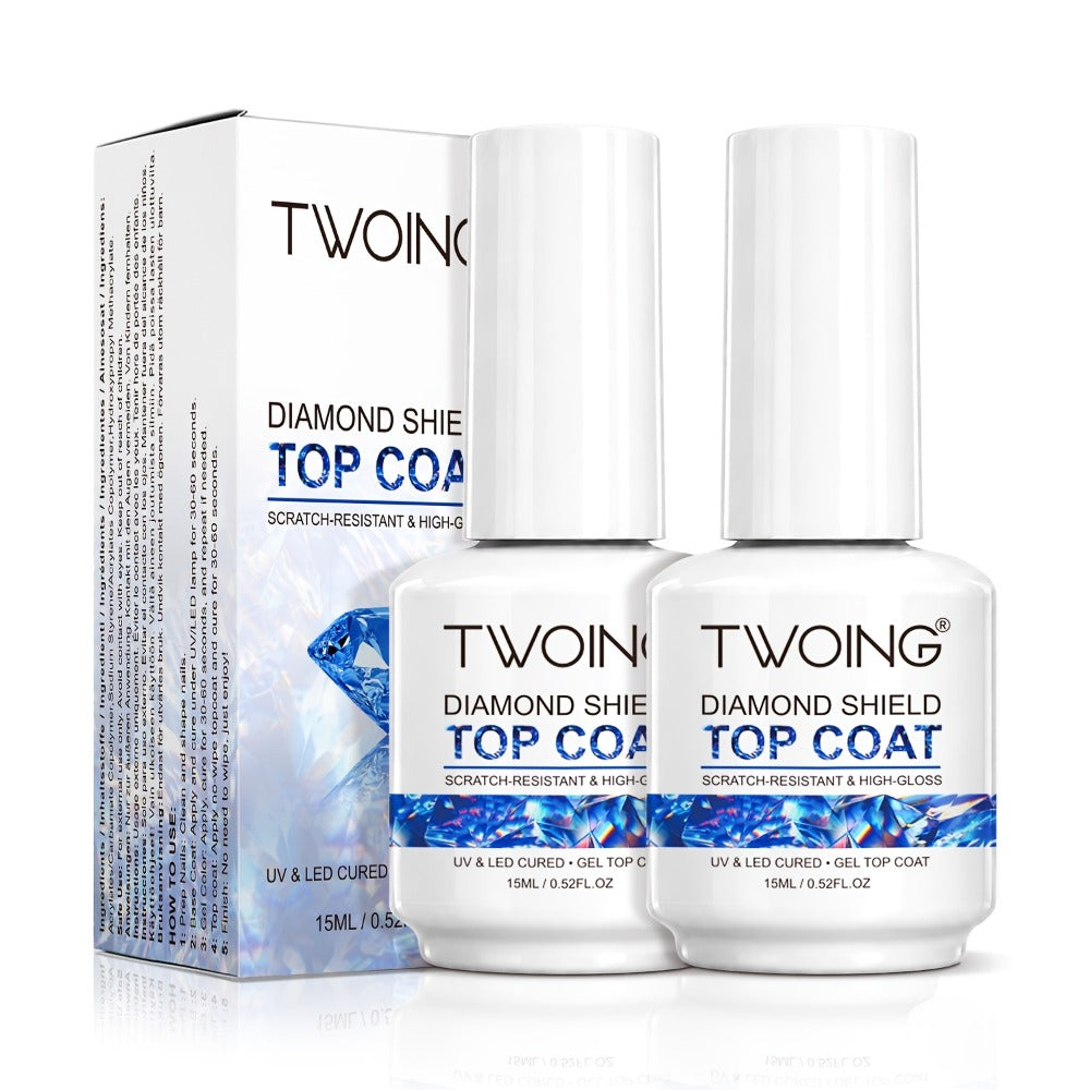 No-Wipe Gel Top Coat 2-Pack Diamond Shine High Gloss — LED Soak-Off Nail Sealer, Long-Lasting Scratch-Resistant Crystal Clear Finish for Salon & Home Manicure, Nail Art Sealer for Glitter & Foils (0.51oz Each)